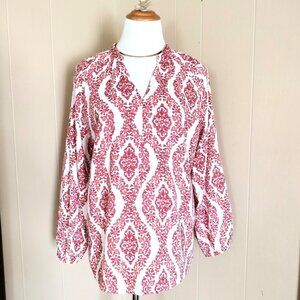Belle Kim Gravel Floral Ikat Blouson Sleeve Blouse L Terra Cotta Woven Buttons
